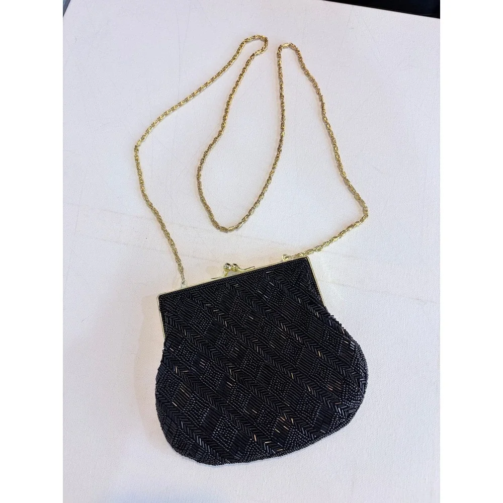 Vintage 80s La Regale Black Beaded Chevron Evening Bag Gold Chain Clutch Purse